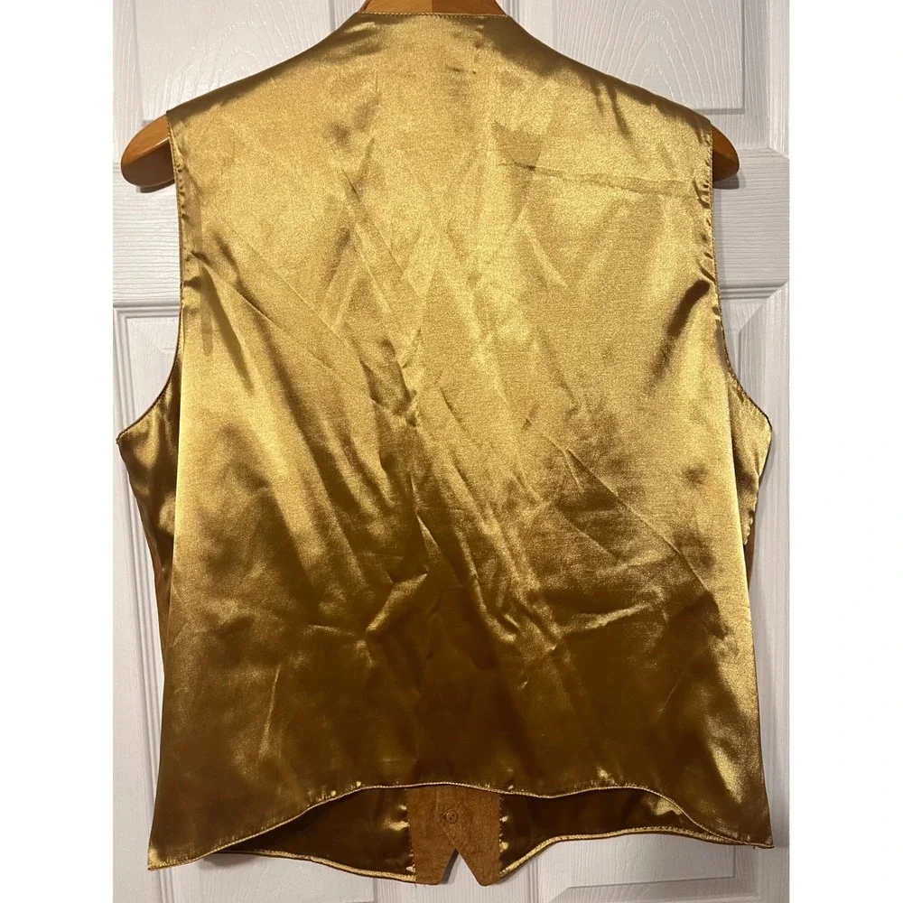 Vintage Leather Mens 2XL Tan Suede Vest Gold Satin Back Western Waistcoat Pocket
